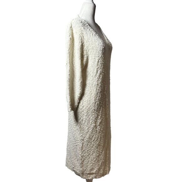 Womens M Cream Textured Knit V-Neck Dress With 3/4 Sleeves & Relaxed Fit - Picture 2 of 10